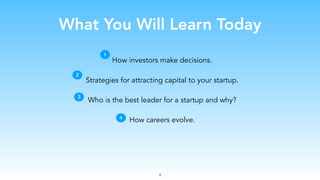 What You Will Learn Today
How investors make decisions.
Strategies for attracting capital to your startup.
Who is the best leader for a startup and why?
How careers evolve.
4
1
2
3
4
 