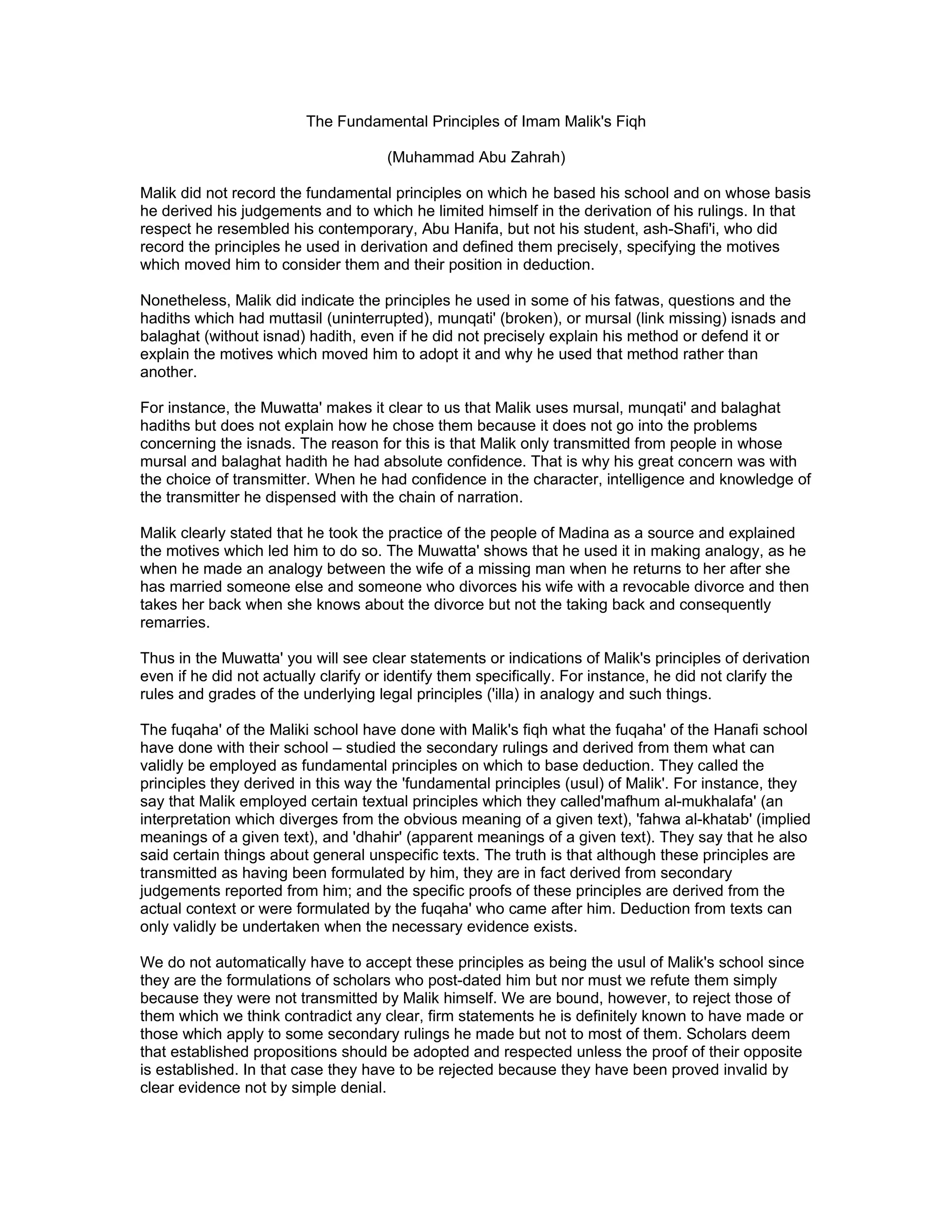 The Fundamental Principles Of Imam Malik's Fiqh | RTF