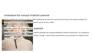 Understand the concept of electric potential
Electric potential at a point in an electric field is defined as the amount of work done to bring a unit positive charge from
infinity to that point. It is denoted by the symbol V and its SI unit is Volts.
02
Identify point of zero electric potential
By standard convention, when dealing with electric potential, we consider potential at infinity as being zero. It's understood
like this because hypothetical work done to bring a charge 'in' from infinity (where there is by convention no influence from
the field) can be set to zero.
 