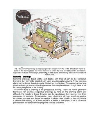 8.2 This isometric drawing is used to explain the saloon deck of a yacht. It has been drawn to
scale on the drawing board but traced freehand to soften the lines and add warmth. Annotations
explain the features of the design, and the figure adds scale. The drawing is loosely rendered with
marker pens.
Isometric drawings
Isometric drawings depict widths and depths with lines at 30° to the horizontal,
therefore, they cannot be based directly upon an existing plan drawing. A new isometric
plan must be drawn, though in reality this isn’t such a big task. The angles involved also
give the drawings a more natural appearance than the plan oblique, though there is still
no use of perspective in the drawing.
The second type of drawing is the perspective drawing. There are formal geometric
techniques for creating perspective drawings by hand on the drawing board, and
although the results of these drawings can be spectacular they can be very time-
consuming to produce. Consequently, many designers will use sketch-perspective
techniques to create less formal perspective drawings more quickly, or they might base
a perspective drawing on a photo taken of a model of the space, or on a 3D model
generated on the computer with programs such as SketchUp.
 