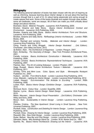 Bibliography
The following personal selection of books has been chosen with the aim of inspiring as
well as informing, because learning about interior design is not just about the learning
process (though that is a part of it), it’s about being passionate and caring enough to
create spaces that work. Some of the books illustrate and explain through case studies,
some are textbooks, some are essays. All of them can make you think critically about
design and about interiors.
Bramston, David. Material Thoughts . Lausanne: AVA Publishing, 2009.
Brooker, Graeme and Sally Stone. Basics Interior Architecture: Context and
Environment. Lausanne: AVA Publishing, 2008.
Brooker, Graeme and Sally Stone. Basics Interior Architecture: Form and Structure.
Lausanne: AVA Publishing, 2008.
Brooker, Graeme and Sally Stone. ReReadings (Interior Architecture) . London: RIBA
Books, 2004.
Brown, Rachael and Lorraine Farrelly. Materials and Interior Design . London:
Laurence King Publishing, 2012.
Ching, Francis and Corky Binggeli. Interior Design Illustrated , (3rd Edition).
Chichester: John Wiley and Sons, 2012.
de Botton, Alain. The Architecture of Happiness . London: Penguin, 2007.
Elam, Kimberley. The Geometry of Design . New York: Princeton Architectural Press,
2001.
Farrelly, Lorraine. Basics Architecture: Construction + Materiality. Lausanne: AVA
Publishing, 2009.
Farrelly, Lorraine. Basics Architecture: Representational Techniques . Lausanne: AVA
Publishing, 2007.
Fletcher, Alan. The Art of Looking Sideways . London: Phaidon, 2007.
Gagg, Russell. Basics Interior Architecture: Texture + Materials . Lausanne: AVA
Publishing, 2011.
Grimley, Chris and Mimi Love. Color, Space, and Style . Minneapolis: Rockport
Publishers Inc., 2007.
Hudson, Jennifer. From Brief to Build. London: Laurence King Publishing, 2010.
Innes, Malcolm. Lighting for Interior Design . London: Laurence King Publishing, 2012.
Liddell, Howard. Eco-minimalism: The Antidote to Eco-bling . London: RIBA
Publishing, 2008.
Locker, Pam. Basics Interior Design: Exhibition Design . Lausanne: AVA Publishing,
2010.
McCloud, Kevin. Colour Now . London: Quadrille, 2009.
Mesher, Lynne. Basics Interior Design: Retail Design . Lausanne: AVA Publishing,
2010.
Mitton, Maureen. Interior Design Visual Presentation , (3rd Edition). Chichester: John
Wiley and Sons, 2008.
Moxon, Sian. Sustainability in Interior Design . London: Laurence King Publishing,
2012.
Paredes, Cristina. The New Apartment: Smart Living in Small Spaces . New York:
Universe Publishing, 2007.
Plunkett, Drew. Construction and Detailing for Interior Design . London: Laurence King
Publishing, 2010.
Plunkett, Drew. Drawing for Interior Design . London: Laurence King Publishing, 2009.
Riewoldt, Otto. New Hotel Design . London: Laurence King Publishing, 2006.
Ryder, Bethan. New Bar and Club Design . London: Laurence King Publishing, 2009.
Salvadori, Mario. Why Buildings Stand Up . London: W.W. Norton and Co., 1991.
Spankie, Ro. Basics Interior Architecture: Drawing out the Interior . Lausanne: AVA
 