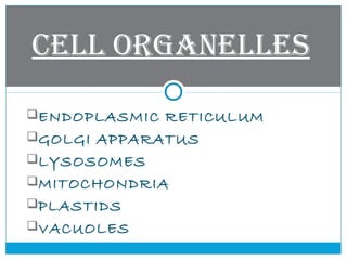ENDOPLASMIC RETICULUM
GOLGI APPARATUS
LYSOSOMES
MITOCHONDRIA
PLASTIDS
VACUOLES
Cell orgaNelles
 