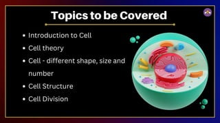 Introduction to Cell
Cell theory
Cell - different shape, size and
number
Cell Structure
Cell Division
Topics to be Covered
 