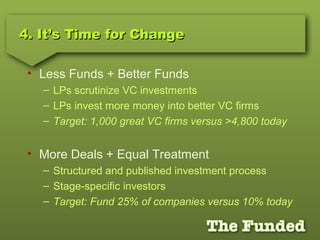 4. It’s Time for Change4. It’s Time for Change
• Less Funds + Better Funds
– LPs scrutinize VC investments
– LPs invest more money into better VC firms
– Target: 1,000 great VC firms versus >4,800 today
• More Deals + Equal Treatment
– Structured and published investment process
– Stage-specific investors
– Target: Fund 25% of companies versus 10% today
 