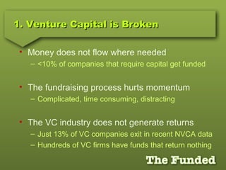 1. Venture Capital is Broken1. Venture Capital is Broken
• Money does not flow where needed
– <10% of companies that require capital get funded
• The fundraising process hurts momentum
– Complicated, time consuming, distracting
• The VC industry does not generate returns
– Just 13% of VC companies exit in recent NVCA data
– Hundreds of VC firms have funds that return nothing
 