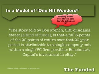 In a Model of “One Hit Wonders” “ The story told by Bon French, CEO of Adams Street  [a fund of funds] , is that a full 5-points of the 20-points of return over that 20-year period is attributable to a single company exit within a single VC firm portfolio: Benchmark Capital's investment in eBay.” SOURCE: Startup Conversations VC Blog, April 2008 Investing billions over 20 years boils down to getting one hit? 
