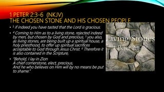1 PETER 2:3-6 (NKJV)
THE CHOSEN STONE AND HIS CHOSEN PEOPLE
• 3 if indeed you have tasted that the Lord is gracious.
• 4 Coming to Him as to a living stone, rejected indeed
by men, but chosen by God and precious, 5 you also,
as living stones, are being built up a spiritual house, a
holy priesthood, to offer up spiritual sacrifices
acceptable to God through Jesus Christ. 6 Therefore it
is also contained in the Scripture,
• “Behold, I lay in Zion
A chief cornerstone, elect, precious,
And he who believes on Him will by no means be put
to shame.”
 