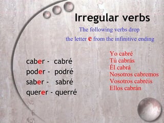 Irregular verbs cab e r -  cabr é pod e r -  podr é sab e r -  sabré quer e r - querr é Yo cabr é Tú cabrás Él cabrá Nosotros cabremos Vosotros cabréis Ellos cabrán The following verbs drop  the letter  e  from the infinitive ending 