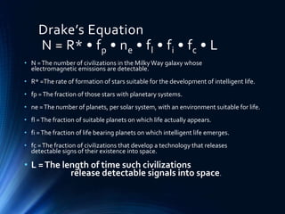 Drake’s Equation
N = R* • fp • ne • fl • fi • fc • L
• N =The number of civilizations in the MilkyWay galaxy whose
electromagnetic emissions are detectable.
• R* =The rate of formation of stars suitable for the development of intelligent life.
• fp =The fraction of those stars with planetary systems.
• ne =The number of planets, per solar system, with an environment suitable for life.
• fl =The fraction of suitable planets on which life actually appears.
• fi =The fraction of life bearing planets on which intelligent life emerges.
• fc =The fraction of civilizations that develop a technology that releases
detectable signs of their existence into space.
• L =The length of time such civilizations
release detectable signals into space.
 