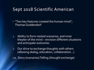 Sept 2018 Scientific American
• “Two key features created the human mind”;
Thomas Suddendorf
1. Ability to form nested scenarios, and inner
theater of the mind – envision different situations
and anticipate outcomes
2. Our drive to exchange thoughts with others
(allowing dialog, education, collaboration…)
i.e. Story (scenarios)Telling (thought exchange)
 