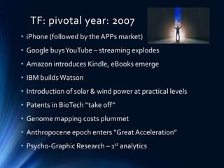 TF: pivotal year: 2007
• iPhone (followed by the APPs market)
• Google buysYouTube – streaming explodes
• Amazon introduces Kindle, eBooks emerge
• IBM builds Watson
• Introduction of solar & wind power at practical levels
• Patents in BioTech “take off”
• Genome mapping costs plummet
• Anthropocene epoch enters “Great Acceleration”
• Psycho-Graphic Research – 1st analytics
 