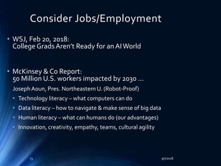 Consider Jobs/Employment
• WSJ, Feb 20, 2018:
College Grads Aren’t Ready for anAIWorld
• McKinsey & Co Report:
50 Million U.S. workers impacted by 2030 …
JosephAoun, Pres. Northeastern U. (Robot-Proof)
• Technology literacy – what computers can do
• Data literacy – how to navigate & make sense of big data
• Human literacy – what can humans do (our advantages)
• Innovation, creativity, empathy, teams, cultural agility
9/7/201873
 