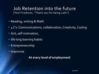 Job Retention into the future
[Tom Friedman, “Thank you for being Late”]
• Reading, writing & Math
• 4 C’s: Communications, collaboration, Creativity, Coding
• Grit, self motivation,
• life long learning habits
• Entrepreneurship
• Improvise
At every level of employment
9/7/201874
 