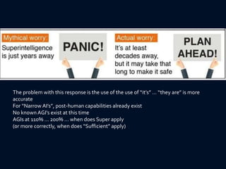 The problem with this response is the use of the use of “it’s” … “they are” is more
accurate
For “Narrow AI’s”, post-human capabilities already exist
No known AGI’s exist at this time
AGIs at 110% … 200% … when does Super apply
(or more correctly, when does “Sufficient” apply)
 