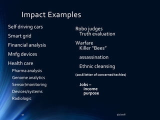 Impact Examples
Self driving cars
Smart grid
Financial analysis
Mnfg devices
Health care
Pharma analysis
Genome analytics
Sensor/monitoring
Devices/systems
Radiologic
Robo judges
Truth evaluation
Warfare
Killer “Bees”
assassination
Ethnic cleansing
(2016 letter of concerned techies)
Jobs –
income
purpose
9/7/201892
 