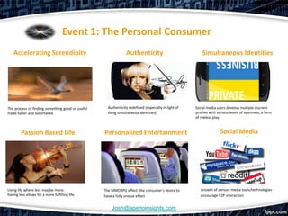 Event 1: The Personal Consumer
    Accelerating Serendipity                                   Authenticity                              Simultaneous Identities




The process of finding something good or useful     Authenticity redefined (especially in light of   Social media users develop multiple discreet
made faster and automated.                          living simultaneous identities)                  profiles with various levels of openness, a form
                                                                                                     of riskless play.



         Passion Based Life                       Personalized Entertainment                                        Social Media




Living life where less may be more;               The MMORPG effect: the consumer’s desire to           Growth of various media tools/technologies
having less allows for a more fulfilling life.    have a fully unique effect                            encourage P2P interaction


                                                      Josh@aperioinsights.com
 