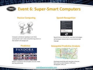 Event 6: Super-Smart Computers
         Passive Computing                                           Speech Recognition




Computers and devices speaking to each other,                   Beyond Voice-to-Text and Siri, new voice technologies
assessing their user’s needs and performing actions on          will distinguish relevant data in conversational style
their behalf in the background.                                 language.



                Predictive                                   Geospatial Predictive Analysis




Software and devices that anticipate consumer needs             Overlaying mined data with map data to forecast
and map preferences                                             items such as crime hotspots, traffic jams,
                                                                demographic shifts, etc.

                                             Josh@aperioinsights.com
 