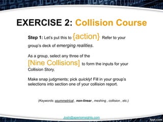 EXERCISE 2: Collision Course
  Step 1: Let’s put this to      {action} Refer to your
  group’s deck of emerging realities           .
  As a group, select any three of the
  [Nine Collisions] to form the inputs for your
  Collision Story.

  Make snap judgments; pick quickly! Fill in your group’s
  selections into section one of your collision report.



        (Keywords: asymmetrical , non-linear , meshing , collision , etc.)




                          Josh@aperioinsights.com
 