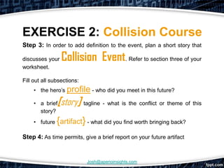 EXERCISE 2: Collision Course
Step 3: In order to add definition to the event, plan a short story that

discusses your   Collision Event. Refer to section three of your
worksheet.

Fill out all subsections:
    • the hero’s profile - who did you meet in this future?

    • a brief  [story] tagline - what is the conflict or theme of this
      story?
    • future   {artifact} - what did you find worth bringing back?
Step 4: As time permits, give a brief report on your future artifact


                            Josh@aperioinsights.com
 