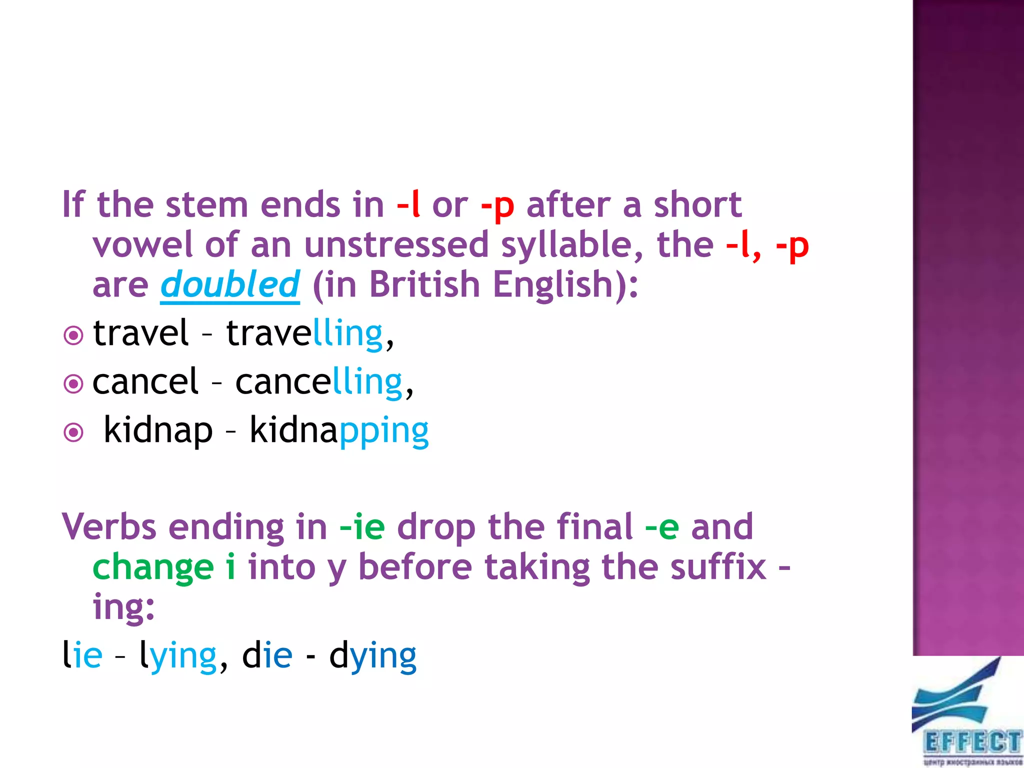 If the stem ends in –l or -p after a short
   vowel of an unstressed syllable, the –l, -p
   are doubled (in British English):
 travel – travelling,
 cancel – cancelling,
 kidnap – kidnapping


Verbs ending in –ie drop the final –e and
  change i into y before taking the suffix –
  ing:
lie – lying, die - dying
 