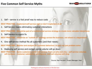 Five Common Self Service Myths




1. Self – service is a fool proof way to reduce costs

BEST PRACTISE : Implement self service right or don’t implement at all
2. Self-Service means eliminating customer interactions
BEST PRACTISE : Should be part of a multichannel service strategy to create more valuable interactions
3. Self-Service is a quick fix
BEST PRACTISE : should be an “outside in” strategy across the business, not siloed in a department

4. One self-service method fits all customers (and their needs)
BEST PRACTISE : Monitor and analyse for customer behaviour: to sell, not just problem solve

5. Deploying self service and contact centre volume will go down
BEST PRACTISE : Some customers prefer self service: Find out who and why – self service volumes
   will increase – customer satisfaction will improve, and call volumes will drop


                                                                  Source: Neil Harrison, Project Manager, IInet



                                  Putting you and your business in the fast lane
 