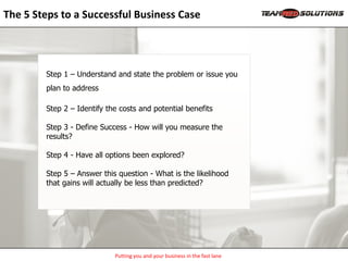 The 5 Steps to a Successful Business Case




        Step 1 – Understand and state the problem or issue you
        plan to address

        Step 2 – Identify the costs and potential benefits

        Step 3 - Define Success - How will you measure the
        results?

        Step 4 - Have all options been explored?

        Step 5 – Answer this question - What is the likelihood
        that gains will actually be less than predicted?




                            Putting you and your business in the fast lane
 