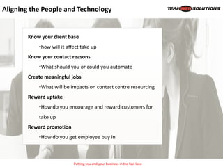 Aligning the People and Technology


       Know your client base
           •how will it affect take up
       Know your contact reasons
           •What should you or could you automate
       Create meaningful jobs
           •What will be impacts on contact centre resourcing
       Reward uptake
           •How do you encourage and reward customers for
           take up
       Reward promotion
           •How do you get employee buy in



                           Putting you and your business in the fast lane
 