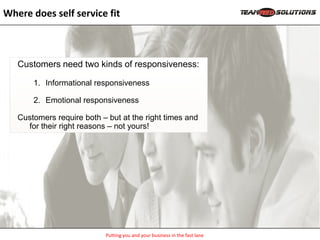 Where does self service fit



   Customers need two kinds of responsiveness:

       1. Informational responsiveness

       2. Emotional responsiveness

   Customers require both – but at the right times and
     for their right reasons – not yours!




                           Putting you and your business in the fast lane
 