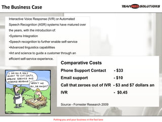The Business Case

   Interactive Voice Response (IVR) or Automated
   Speech Recognition (ASR) systems have matured over
   the years, with the introduction of:
   •Systems Integration
   •Speech recognition to further enable self-service
   •Advanced linguistics capabilities
   •Art and science to guide a customer through an
   efficient self-service experience.
                                           Comparative Costs
                                           Phone Support Contact                      - $33
                                           Email support                              - $10
                                           Call that zeroes out of IVR - $3 and $7 dollars an
                                           IVR                                        - $0.45

                                           Source - Forrester Research 2009



                                     Putting you and your business in the fast lane
 