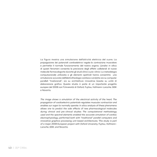 40 / 30° CRS4
La figura mostra una simulazione dell’attività elettrica del cuore. La
propagazione dei potenziali cardioelettrici regola la contrazione muscolare
e permette il normale funzionamento del nostro organo. L’analisi in silico
di questi fenomeni consente la previsione degli effetti collaterali di nuove
molecole farmacologiche durante gli studi clinici e pre-clinici. La metodologia
computazionale utilizzata e gli elementi spettrali hanno consentito una
simulazione accurata dell’elettrofisiologia cardiaca condotta sia su computer
paralleli “tradizionali”, sia su architetture innovative basate su unità di
elaborazione grafica. Questo studio è parte di un importante progetto
europeo del 2008 con l’Università di Oxford, Fujitsu, Hofmann-Laroche, GSK
e Novartis.
The image shows a simulation of the electrical activity of the heart. The
propagation of cardioelectric potentials regulates muscular contraction and
enables our organ to normally operate. In silico analysis of these phenomena
allows one to predict the side effects of new pharmacological molecules
during clinical and pre-clinical studies. The computational methodology
used and the spectral elements enabled the accurate simulation of cardiac
electrophysiology, performed both with “traditional” parallel computers and
innovative graphics processing unit based architectures. This study is part
of a major 2008 European project with Oxford University, Fujitsu, Hofmann-
Laroche, GSK, and Novartis.
 