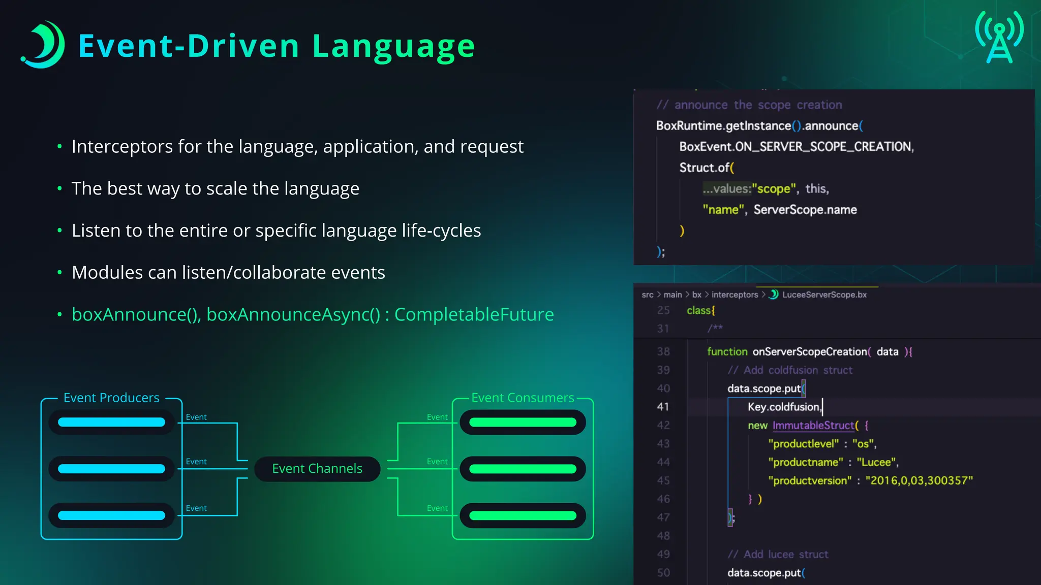 Event-Driven Language
• Interceptors for the language, application, and request
• The best way to scale the language
• Listen to the entire or speci
fi
c language life-cycles
• Modules can listen/collaborate events
• boxAnnounce(), boxAnnounceAsync() : CompletableFuture
Event Channels
Event Producers
Event
Event
Event
Event Consumers
Event
Event
Event
 
