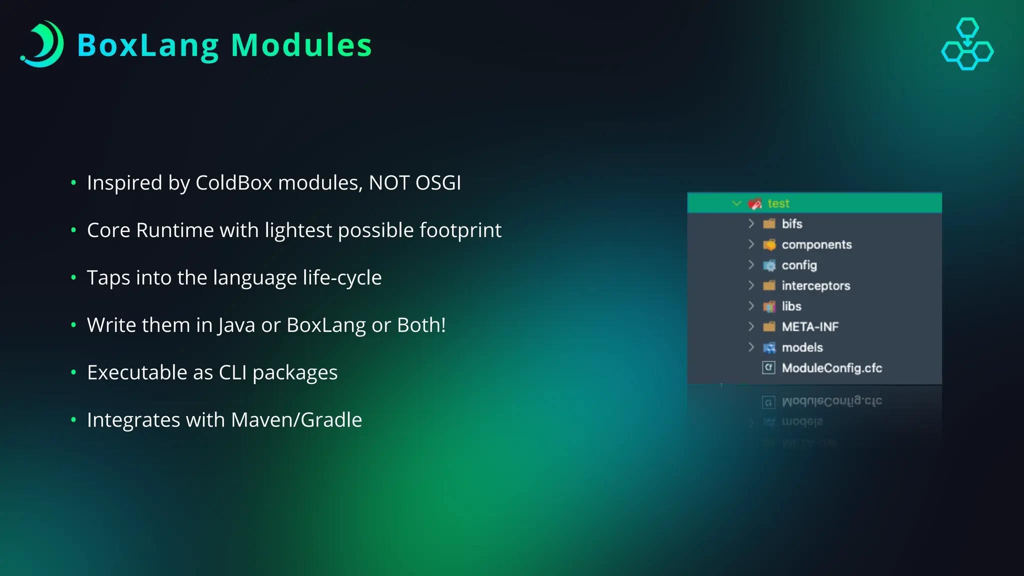 BoxLang Modules
• Inspired by ColdBox modules, NOT OSGI
• Core Runtime with lightest possible footprint
• Taps into the language life-cycle
• Write them in Java or BoxLang or Both!
• Executable as CLI packages
• Integrates with Maven/Gradle
 