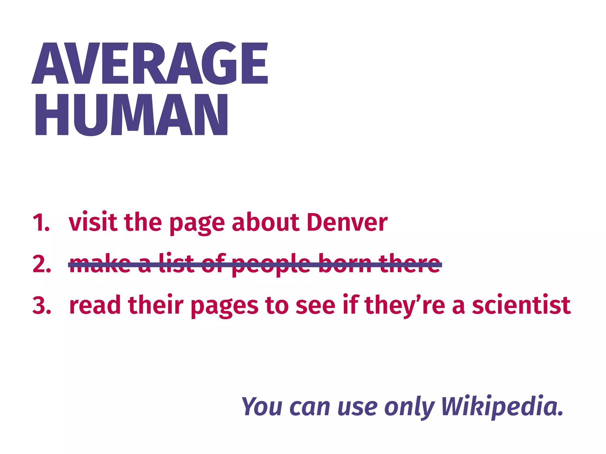 AVERAGE 
HUMAN
1. visit the page about Denver
2. make a list of people born there
3. read their pages to see if they’re a scientist
You can use only Wikipedia.
 