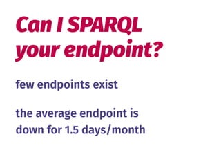few endpoints exist
the average endpoint is 
down for 1.5 days/month
Can I SPARQL 
your endpoint?
 