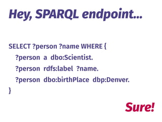 SELECT ?person ?name WHERE {
?person a dbo:Scientist.
?person rdfs:label ?name.
?person dbo:birthPlace dbp:Denver.
}
Hey, ...