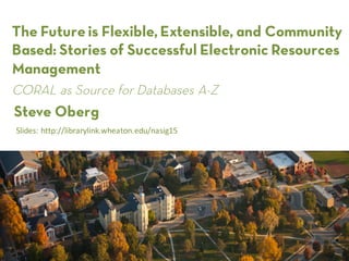 The Futureis Flexible, Extensible, and Community
Based: Stories of Successful Electronic Resources
Management
Steve Oberg
CORAL as Source for Databases A-Z
Slides:  http://librarylink.wheaton.edu/nasig15
 