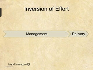Inversion of Effort



            Management            Delivery




5/28/2012                                    16
 