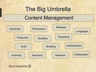 The Big Umbrella
                Content Management
                                              Metadata
Versioning           Permissions
                                                                 Languages

       Production                              Templating
                         Workflow


             Audit                 Modeling              Authentication


  Archiving          Taxonomy             Retention             Collaboration
 