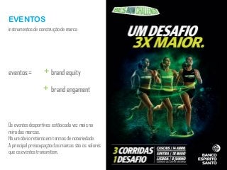 EVENTOS
eventos = +brand equity
+ brand engament
instrumentos de construção de marca
Os eventos desportivos estão cada vez mais na
mira das marcas.
Há um óbvio retorno em termos de notoriedade.
A principal preocupação das marcas são os valores
que os eventos transmitem.
 