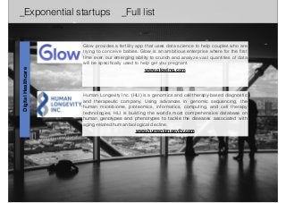 _Exponential startups _Full list 
Glow provides a fertility app that uses data science to help couples who are 
trying to conceive babies. Glow is an ambitious enterprise where for the first 
time ever, our emerging ability to crunch and analyze vast quantities of data 
will be specifically used to help get you pregnant. 
www.glowing.com 
Human Longevity Inc. (HLI) is a genomics and cell therapy-based diagnostic 
and therapeutic company. Using advances in genomic sequencing, the 
human microbiome, proteomics, informatics, computing, and cell therapy 
technologies, HLI is building the world’s most comprehensive database on 
human genotypes and phenotypes to tackle the diseases associated with 
aging-related human biological decline. 
www.humanlongevity.com 
Digital Healthcare 
 