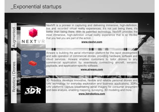 _Exponential startups _Full list 
AltspaceVR is a software company building the social platform for virtual 
reality. With AltspaceVR, users connect in virtual spaces to create shared 
experiences around anything on the web. The AltspaceVR API lets 
developers write simple web code to create new VR experiences. 
AltspaceVR allows people to watch streaming video, play games, and get 
work done, together and entirely inside of virtual reality. 
www.altvr.com 
Augmate is the first wearable platform that accelerates the development of 
cloud-based smart eyewear applications. Augmate builds frictionless 
technology for deskless workers that gets information out of their hands and 
out of their way allowing them to do the work that really matters. These 
capabilities enhance the user experience for the deskless workers that utilize 
our applications. 
www.augmate.com 
Augmented and Virtual Reality 
Jaunt VR's world-class team is developing the most comprehensive 
toolset for creating cinematic VR. Their unique technology will enable 
creatives to film, edit and process live-action content for virtual reality 
viewers. With Jaunt™ cinematic VR, you will feel transported directly into the 
middle of the action. Look anywhere. JauntVR is creating the next-generation 
technology for the most immersive entertainment experience ever. 
www.jauntvr.com 
 