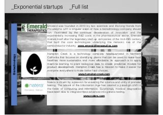 _Exponential startups _Full list 
Emerald was founded in 2010 by two scientists and life-long friends from 
Philadelphia with a singular vision of how a biotechnology company should 
run. Frustrated by the continual deceleration of innovation and the 
exponentially increasing R&D costs in the pharmaceutical sector, Emerald 
models itself after the legendary start-up companies of the mid-20th century 
that built the core technologies underlying the meteoric rise of the 
semiconductor industry. www.emeraldtherapeutics.com 
Hampton Creek is a technology company headquartered in Northern 
California that focuses on identifying plants that can be used to make food 
healthier, more sustainable, and more affordable. Its approach is to apply 
machine learning to plant biological data to create predictive models for 
product development. Hampton Creek has a mission to make it easier for 
everyone everywhere to make better food choices. 
www.hamptoncreek.com 
Natera is driven by a passion for elevating the science and utility of prenatal 
testing. The advent of the Information Age has created a paradigm shift in 
the fields of computing and informatics. Surprisingly, medical diagnostics 
have been slow to integrate these advances into genetic testing. 
www.natera.com 
Biotechnology 
 