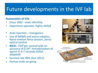 Future developments in the IVF lab
Automation of ICSI
• Since 1992 : male infertility
• Experience operator, highly skilled
• Auto injection – transgenics
• Use of MEMS and micro-robotics,
Nano-newton force sensors, Servo
optical control
• RICSI : 7200 per second with an
accuracy of 0.240, Immobilization of
sperm in 6-7 seconds (CASA
adapted)
• Survival rate 90% (Sun 2011)
• Human trials on going
 