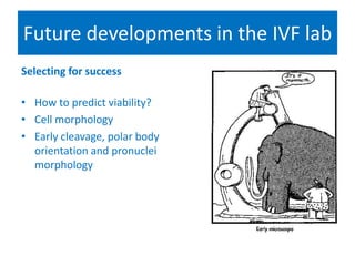 Future developments in the IVF lab
Selecting for success
• How to predict viability?
• Cell morphology
• Early cleavage, polar body
orientation and pronuclei
morphology
 