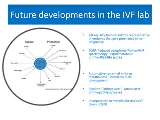 Future developments in the IVF lab
• Sakkas- biochemical factors representative
of embryos that give pregnancy or no
pregnancy
• 2009: Reduced complexity-Raman/NIR
spectroscopy - rapid metabolic
profile=Viability scores
• Automative system of embryo
metabolisms – problems in its
development
• Pipeline “Embryosure “- Amino acid
profiling (Origio/Leese)
• Incorporation in microfluidic devices?
(Swain 2009)
 