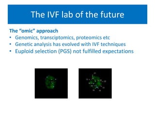 The IVF lab of the future
The “omic” approach
• Genomics, transciptomics, proteomics etc
• Genetic analysis has evolved with IVF techniques
• Euploid selection (PGS) not fulfilled expectations
• Fgf
• Bvv
• Vcvc
• Vcv
• Cxcc
• N
 