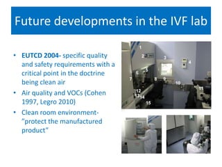 Future developments in the IVF lab
Regulations and the search llence
• EUTCD 2004- specific quality
and safety requirements with a
critical point in the doctrine
being clean air
• Air quality and VOCs (Cohen
1997, Legro 2010)
• Clean room environment-
”protect the manufactured
product”
 