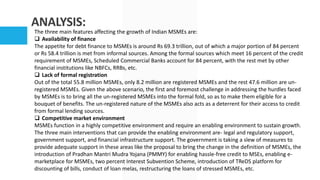 ANALYSIS:
The three main features affecting the growth of Indian MSMEs are:
 Availability of finance
The appetite for debt finance to MSMEs is around Rs 69.3 trillion, out of which a major portion of 84 percent
or Rs 58.4 trillion is met from informal sources. Among the formal sources which meet 16 percent of the credit
requirement of MSMEs, Scheduled Commercial Banks account for 84 percent, with the rest met by other
financial institutions like NBFCs, RRBs, etc.
 Lack of formal registration
Out of the total 55.8 million MSMEs, only 8.2 million are registered MSMEs and the rest 47.6 million are un-
registered MSMEs. Given the above scenario, the first and foremost challenge in addressing the hurdles faced
by MSMEs is to bring all the un-registered MSMEs into the formal fold, so as to make them eligible for a
bouquet of benefits. The un-registered nature of the MSMEs also acts as a deterrent for their access to credit
from formal lending sources.
 Competitive market environment
MSMEs function in a highly competitive environment and require an enabling environment to sustain growth.
The three main interventions that can provide the enabling environment are- legal and regulatory support,
government support, and financial infrastructure support. The government is taking a slew of measures to
provide adequate support in these areas like the proposal to bring the change in the definition of MSMEs, the
introduction of Pradhan Mantri Mudra Yojana (PMMY) for enabling hassle-free credit to MSEs, enabling e-
marketplace for MSMEs, two percent Interest Subvention Scheme, introduction of TReDS platform for
discounting of bills, conduct of loan melas, restructuring the loans of stressed MSMEs, etc.
 