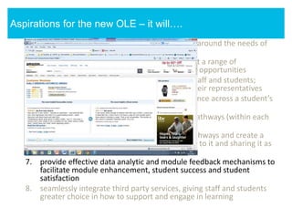 1. be simple and intuitive to use and developed around the needs of
students and staff
2. provide a personalised portal that will support a range of
pedagogically sound learning and assessment opportunities
3. facilitate effective communication between staff and students;
students and their peers; and students and their representatives
4. facilitate the provision of a consistent experience across a student’s
modules
5. give students a clear sense of their learning pathways (within each
module and across their modules)
6. enable students to enhance their learning pathways and create a
record of their learning by annotating, adding to it and sharing it as
they see fit
7. provide effective data analytic and module feedback mechanisms to
facilitate module enhancement, student success and student
satisfaction
8. seamlessly integrate third party services, giving staff and students
greater choice in how to support and engage in learning
Aspirations for the new OLE – it will….