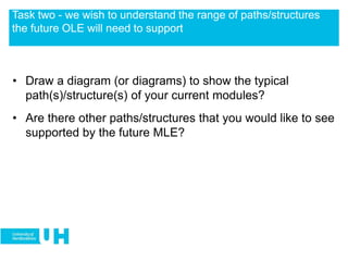 • Draw a diagram (or diagrams) to show the typical
path(s)/structure(s) of your current modules?
• Are there other paths/structures that you would like to see
supported by the future MLE?
Task two - we wish to understand the range of paths/structures
the future OLE will need to support